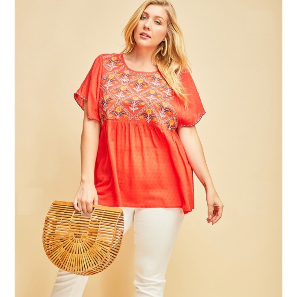 Larger Sizes Embroidered Tomato Red Bohemian Top